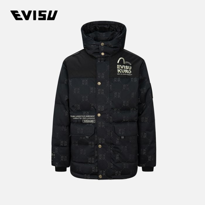 EVISU KURO 23AW男士满地图案刺绣宽版羽绒夹克 2EAGNM3NJ5094XXPLBLKX