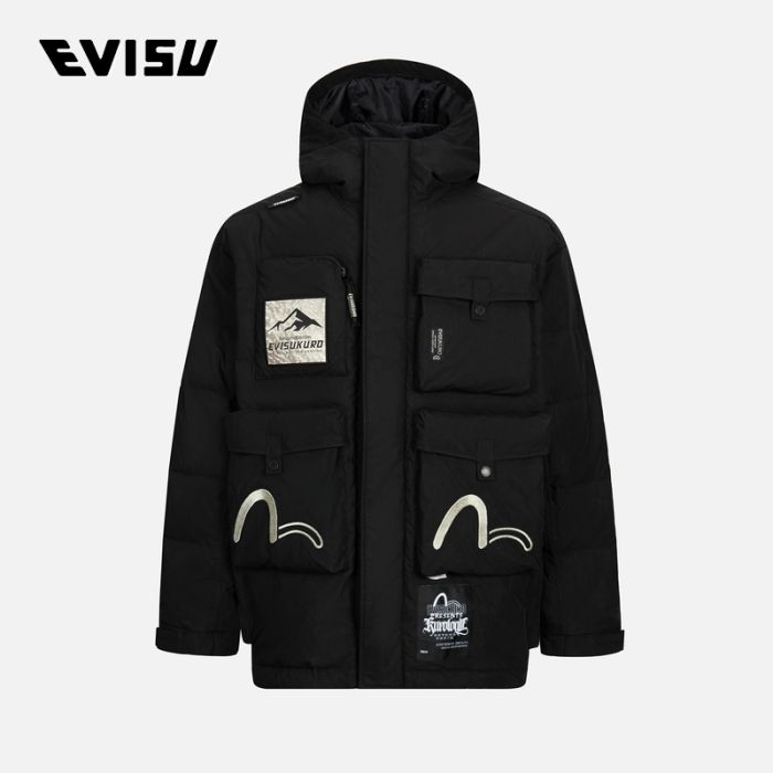 EVISU KURO 23AW男士海鸥刺绣多口袋宽版羽绒夹克 2EAGNM3NJ5097LFCNBLKX