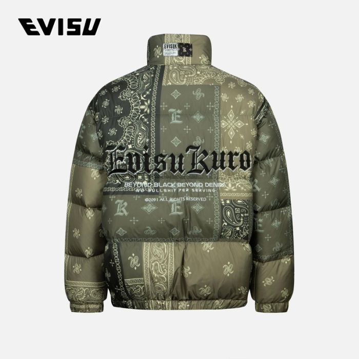 EVISU KURO 23AW男士满地腰果花印花宽版休闲羽绒外套 2EAGNM3NJ5100RXPLARMY