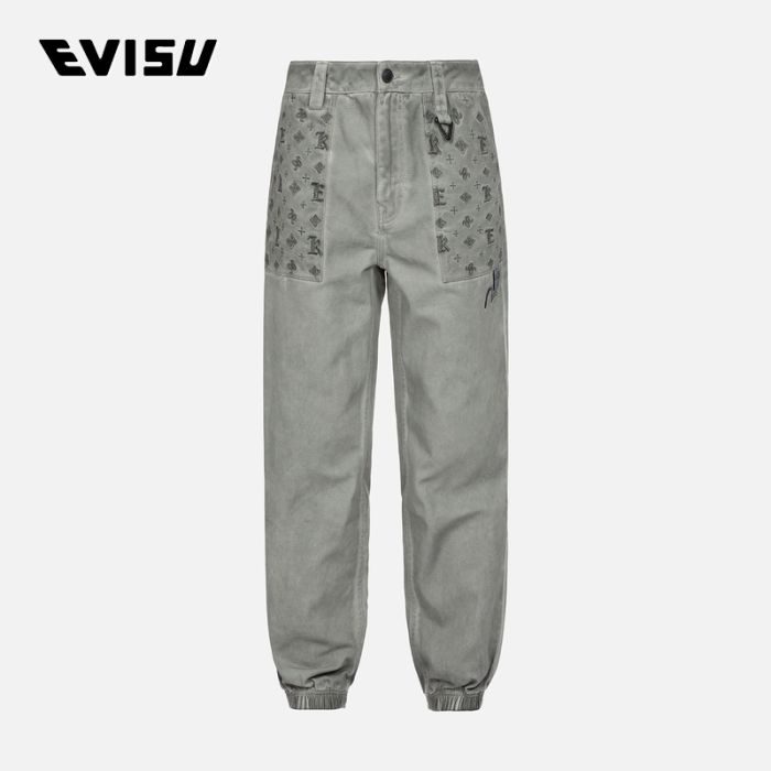 EVISU KURO 23AW男士满地图案刺绣口袋水洗束脚裤 2EAGNM3PO5129XXCTGREY