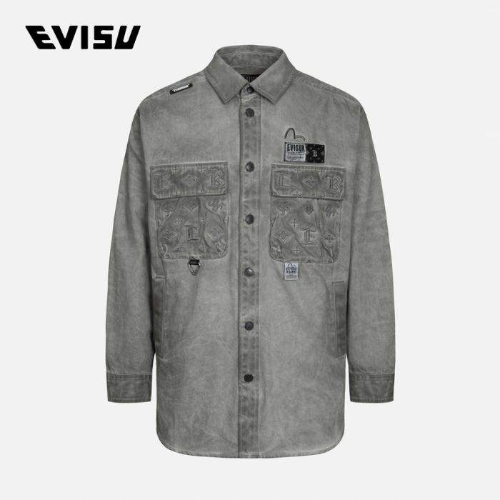 EVISU KURO 23AW男士满地图案刺绣标志外套 2EAGNM3SJ5118RXCTGREY