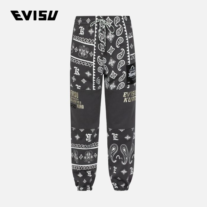 【4件7折】EVISU KURO 23AW男士满地佩斯利及Logo印花拼接宽版卫裤 2EAGNM3SP5286RXCTCHAX