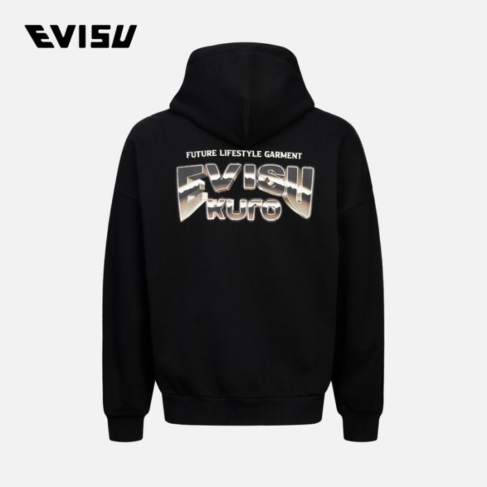 EVISU KURO 23AW男士金属色Logo印花宽版连帽卫衣 2EAGNM3SW5160OSFLBLKX