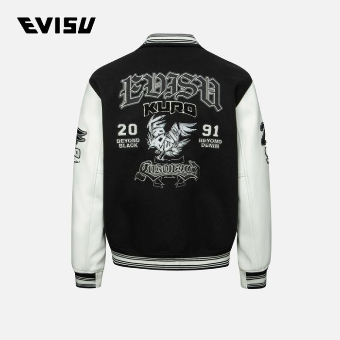 EVISU KURO 24AW男士多重商标刺绣徽章宽版休闲夹棉棒球外套 2EAGNM4JK5066RXSNBLKX