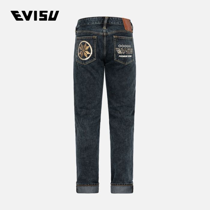 EVISU  23AW男士费尔岛图纹家花与商标印花窄脚牛仔裤 2EAHTM3JE105817CTBLKX