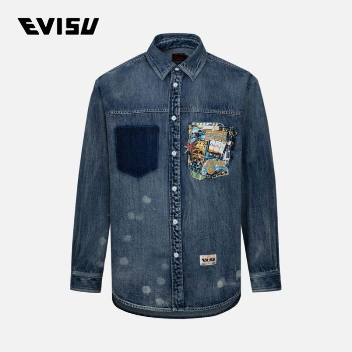 EVISU  24AW男士幸运老虎机和达摩印花宽版休闲牛仔衬衫 2EAHTM4DL8027RXDNINDM