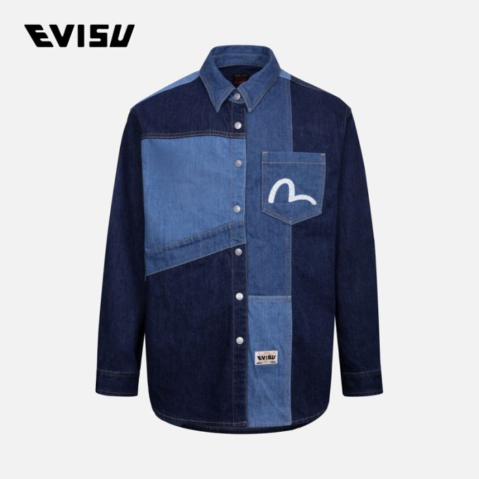 EVISU  24AW男士海鸥刺绣和拼布宽版休闲牛仔衬衫 2EAHTM4DL8028RXDNINDM