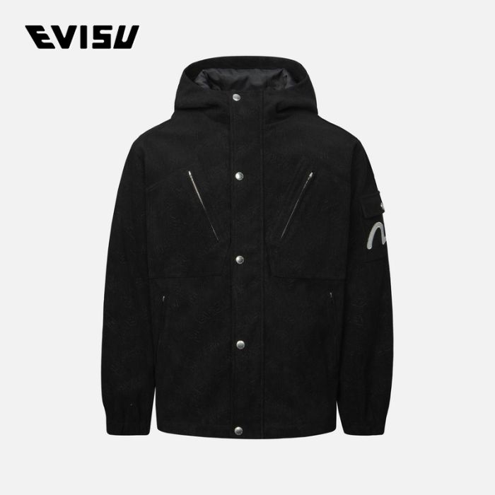 EVISU 24AW男士满地压花商标和海鸥刺绣宽版连帽灯芯绒外套 2EAHTM4JK8019LFCDBLKA