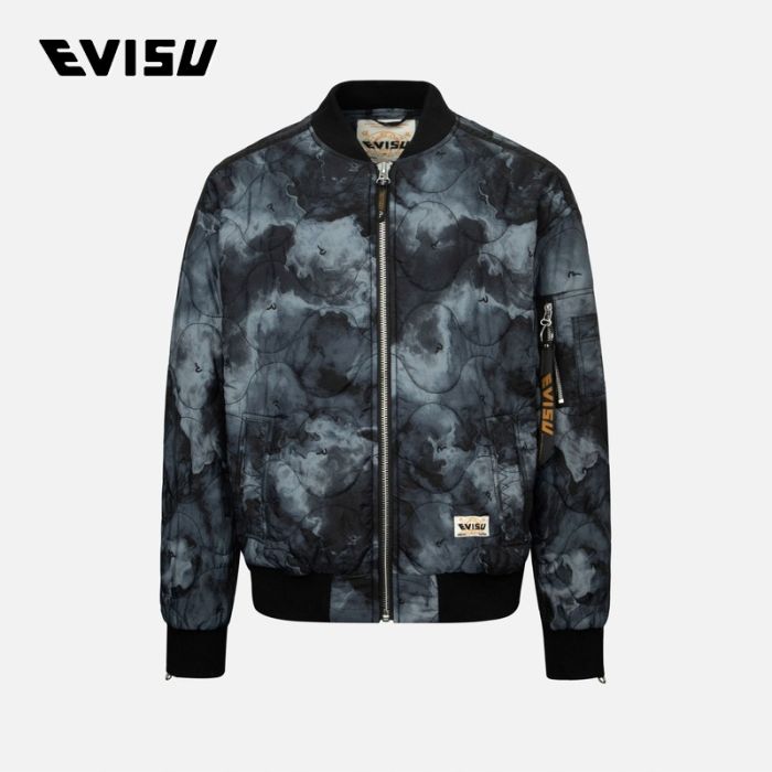 EVISU  24AW男士满地海鸥刺绣扎染宽版缝绗夹棉飞行员外套 2EAHTM4JK8021LFYQBLKA