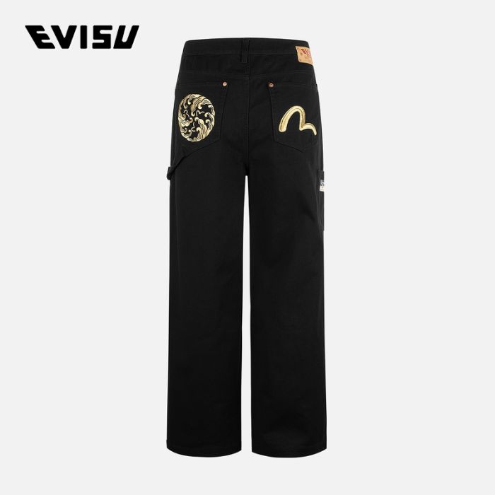 EVISU 24AW男士海鸥和波浪刺绣宽版休闲梭织裤 2EAHTM4PT7044RXCTBLKX