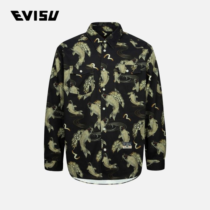 EVISU  AW24男士满地鲤鱼和海鸥印花超宽版衬衫 2EAHTM4SL7039OSCTBLKA