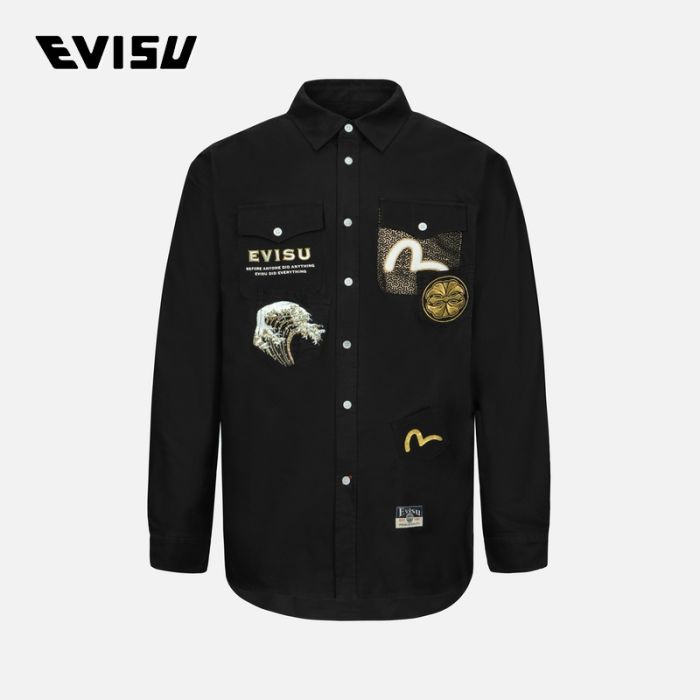 EVISU  24AW男士多口袋和商标贴布刺绣宽版休闲衬衫 2EAHTM4SL7040RXCTBLKX