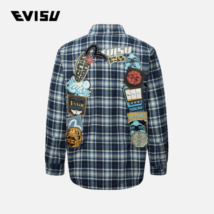 EVISU 24AW男士多重标志大M印花宽版休闲格纹衬衣 2EAHTM4SL8030RXCTBLUC