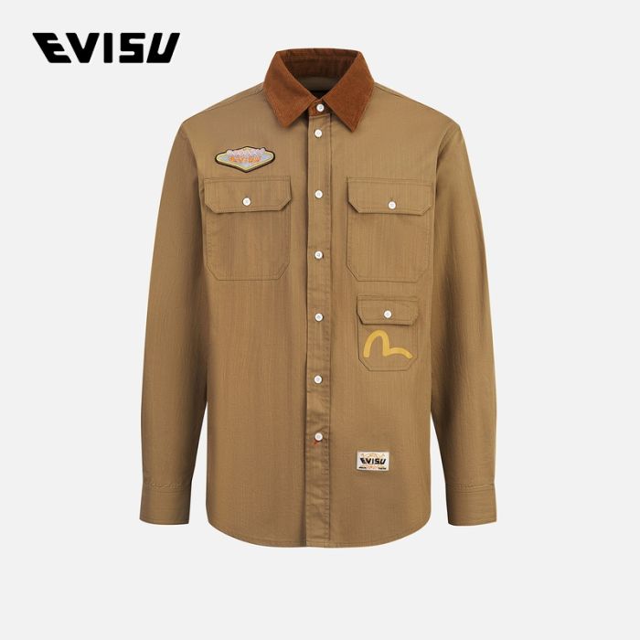 EVISU 24AW男士商标刺绣和多口袋宽版休闲长袖衬衫 2EAHTM4SL8059RXCTBEGD