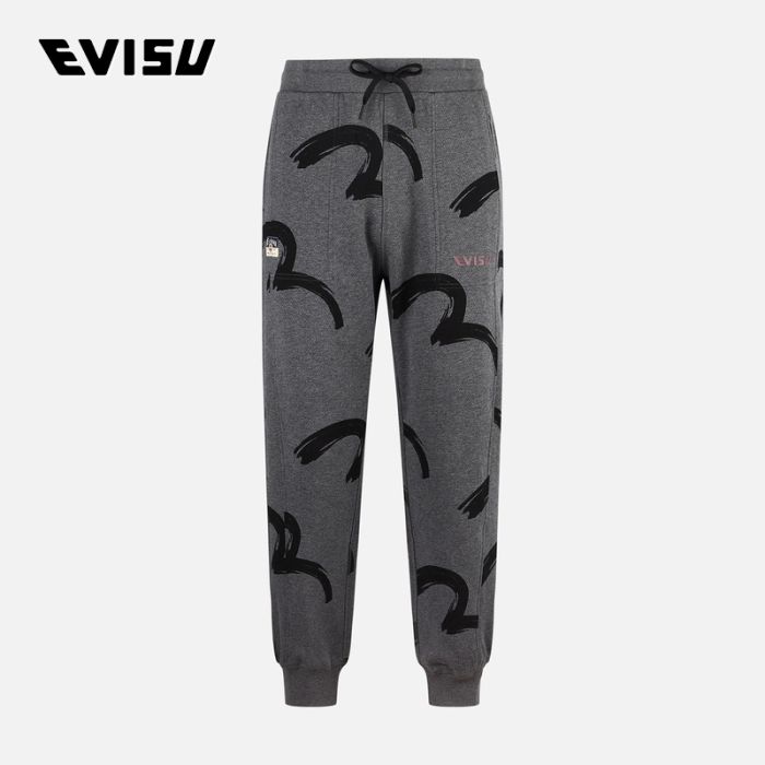 EVISU 24AW男士满地笔刷海鸥和商标印花直筒运动休闲裤 2EAHTM4SP7064STCTGRYA