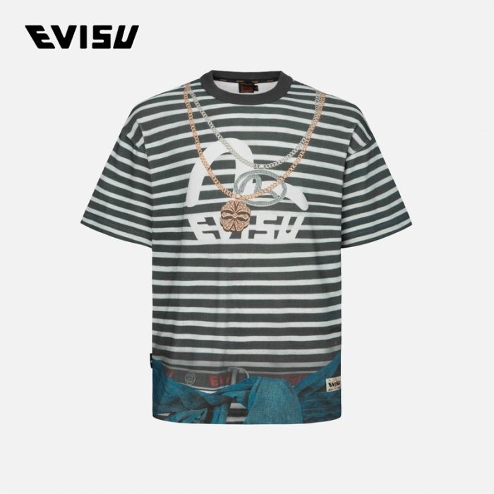 EVISU  24AW男士错视和海鸥印花宽版条纹T恤 2EAHTM4TS8056LFCTCHAA