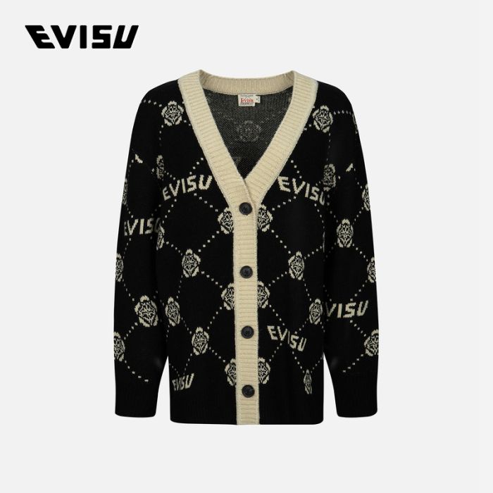 EVISU  23AW女士家花与商标提花宽版开衫 2EAHTW3CN4040LFAXBKAO