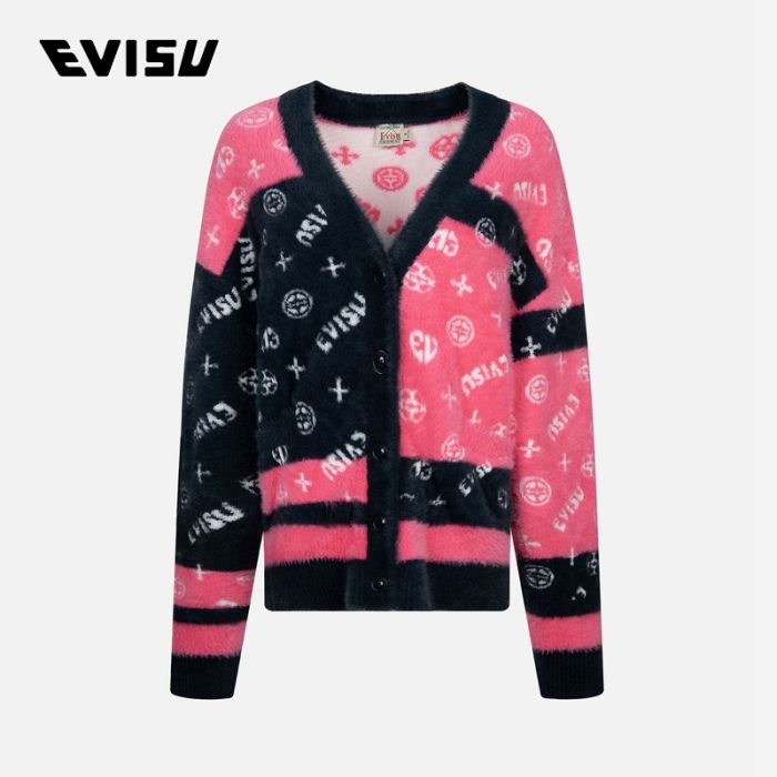 【4件7折】EVISU  23AW女士标志与家花提花拼接超宽版开衫 2EAHTW3CN4080OSNXNYPK