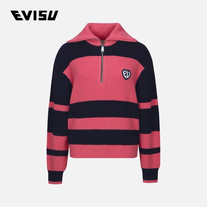 EVISU  23AW女士“EV”心形徽章条纹短款半拉链毛衣 2EAHTW3SR4077CPCWNYPK