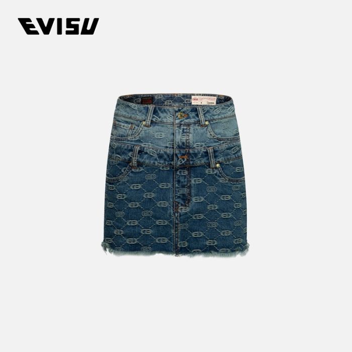 EVISU  24AW女士仿两件满地商标提花常规版型牛仔短裙 2EAHTW4SK4022XXDNINDM