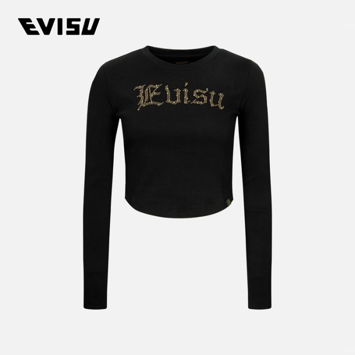 EVISU  24AW女士复古黄铜烫石商标常规版型T恤 2EAHTW4TL4082XXCTBLKX