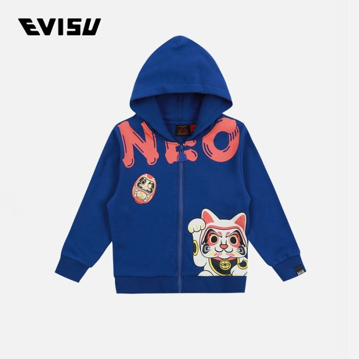 EVISU  23SS童装招财猫及达摩印花拉链连帽卫衣 2EAKZB2SW313XXCTBLUE