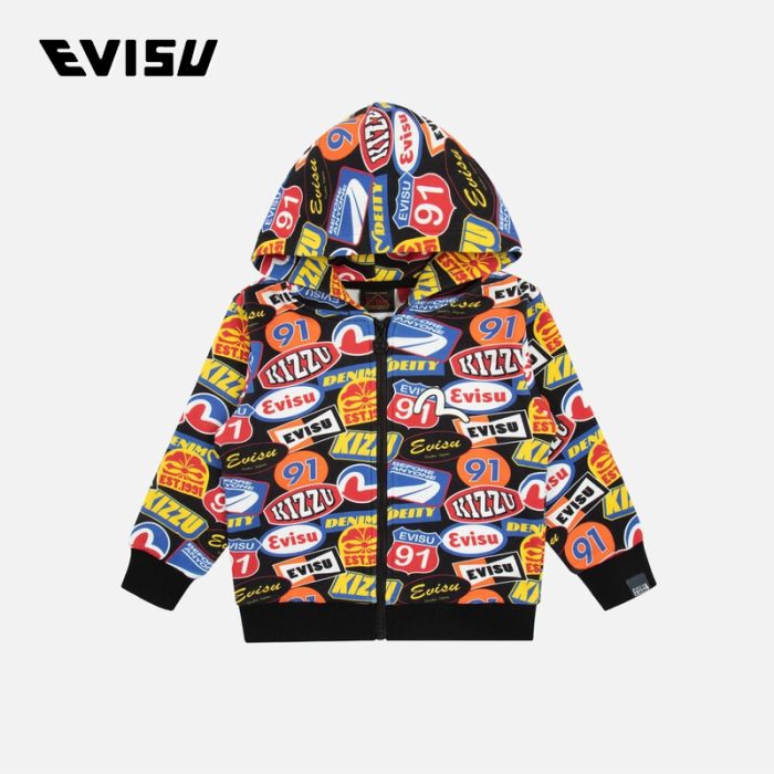 EVISU  23AW童装满地赛车徽章印花常规版型拉链连帽卫衣 2EAKZB3SW4516XXCTMUTI