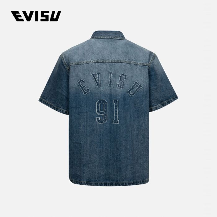 EVISU  24AW男士海鸥和商标贴布绣宽松版型牛仔短袖衬衫 2EAMAM4DI1152BZDNINDM