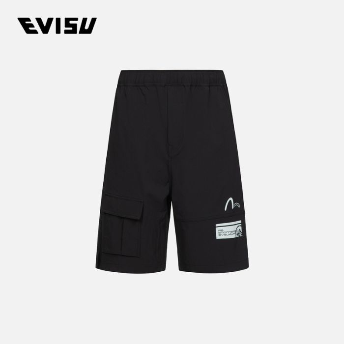 EVISU EVISUKURO 23SS男士小海鸥与商标印花拼布短裤 2ESGNM3SH203FFNSBLKX