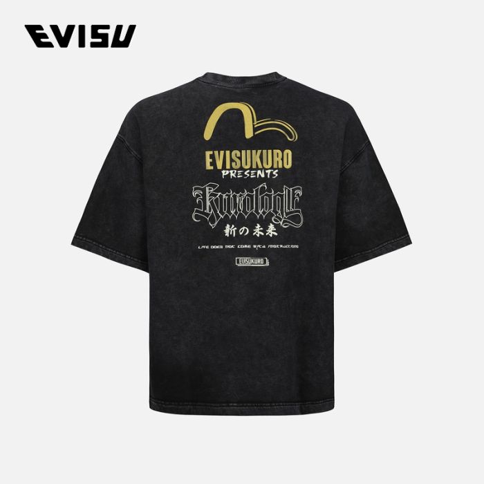 【4件7折】EVISU EVISUKURO 23SS男士手写体Logo印花水洗短袖卫衣 2ESGNM3SW413BZCTBLKX