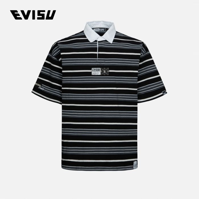 EVISU KURO 24SS男士提花条纹超宽版Polo衫 2ESGNM4PS5167OSCTBLKS