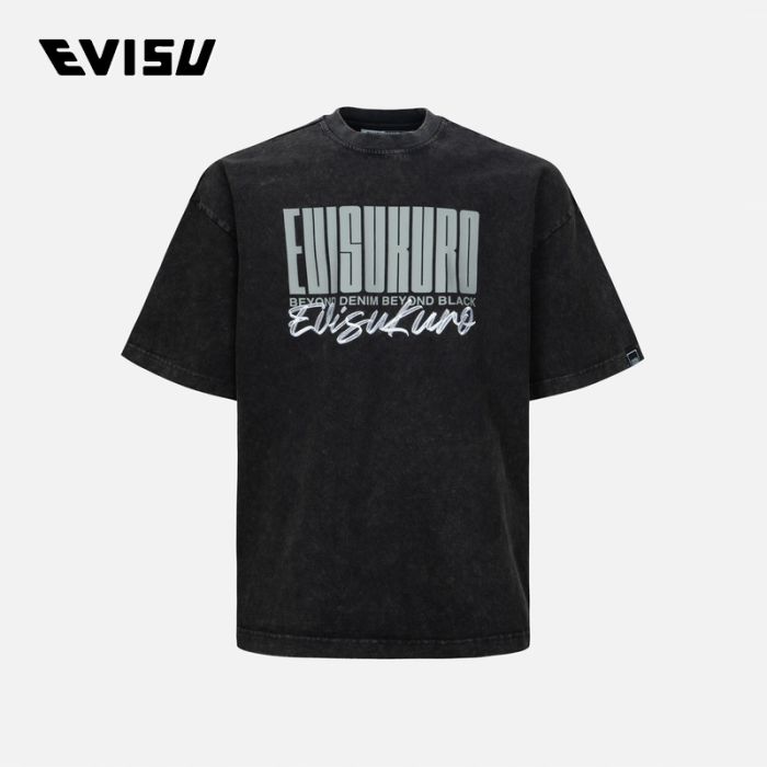 EVISU KURO 24SS男士商标和口号印花超宽版水洗T恤 2ESGNM4TS5089OSCTBLKX