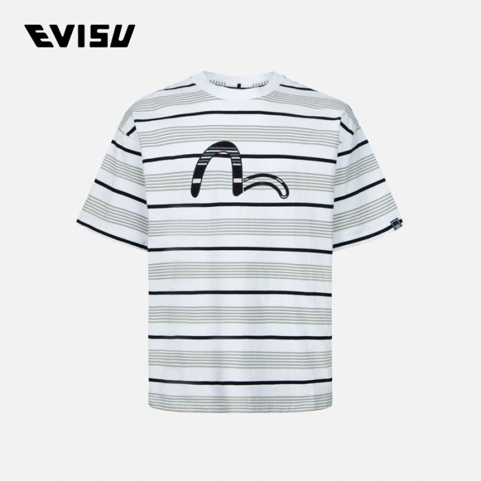 EVISU KURO 24SS男士横纹海鸥贴布刺绣宽版T恤 2ESGNM4TS5147LFCTWHTS