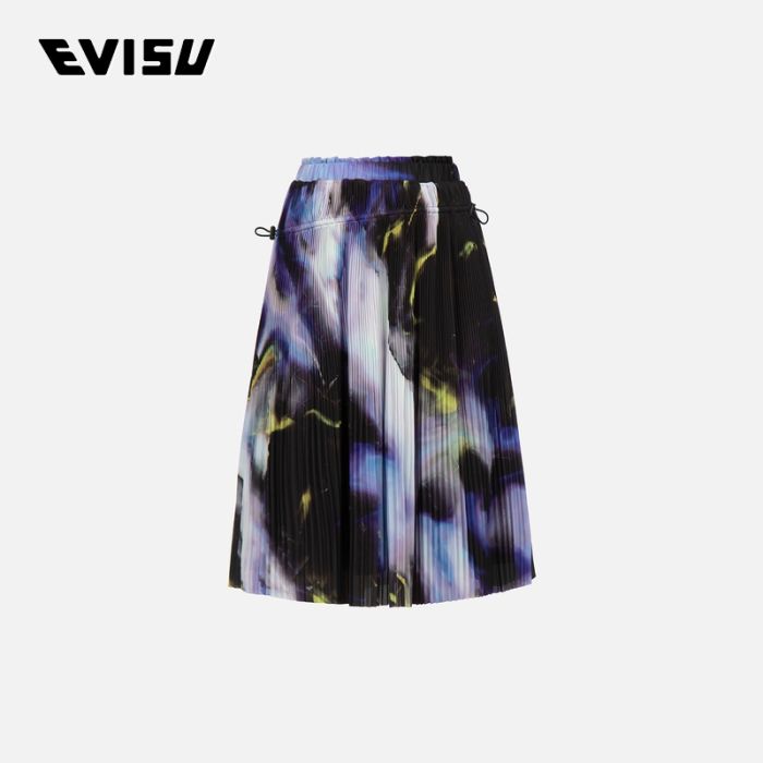 EVISU EVISUKURO 23SS女士抽象图案印花百褶拼接半身裙 2ESGNW3KL289RXPLBLKX