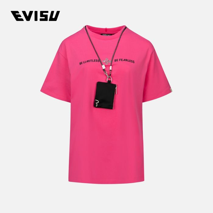 EVISU EVISUKURO 23SS女士个性口号印花T恤附挂脖拉链袋 2ESGNW3TS675BFCTFSIA