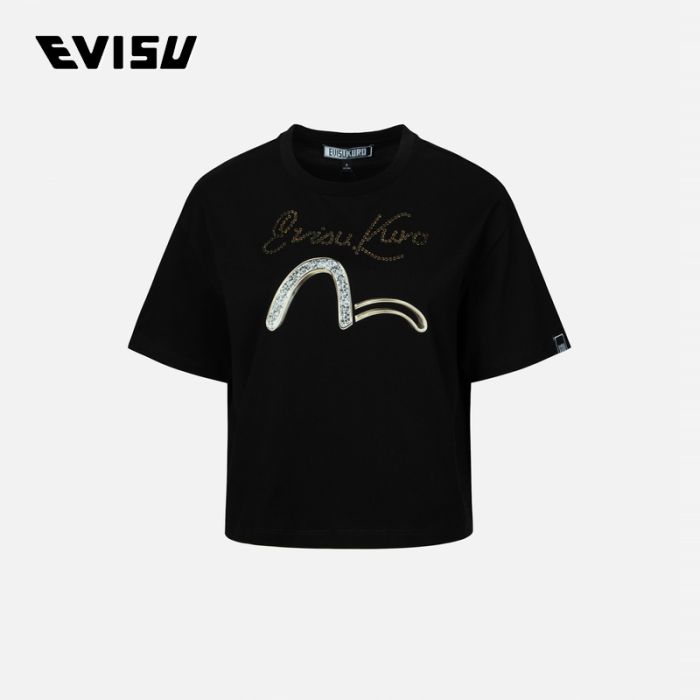 EVISU KURO 24SS女士海鸥和商标亮片宽版T恤 2ESGNW4TS6024LFCTBLKX