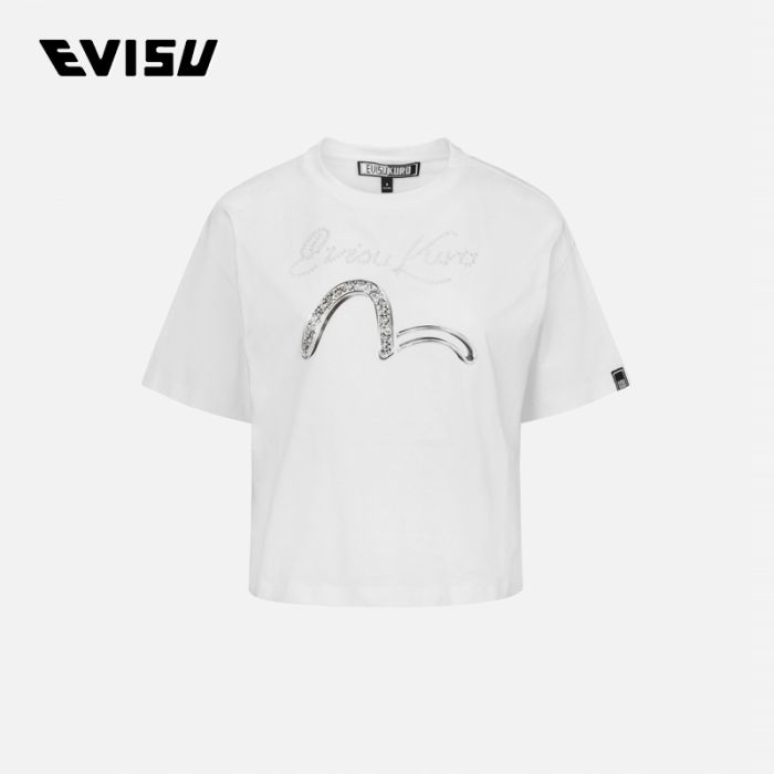 EVISU KURO 24SS女士海鸥和商标亮片宽版T恤 2ESGNW4TS6024LFCTWHTX