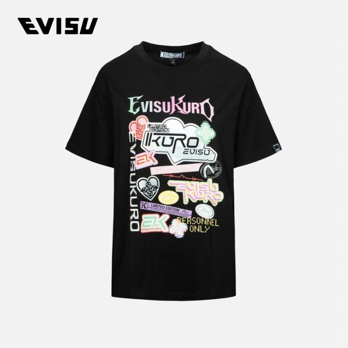 EVISU KURO 24SS女士Y2K幻彩贴纸印花男友款T恤 2ESGNW4TS6027BFCTBLKX