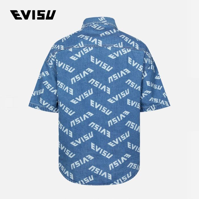 EVISU  23SS男士满地标志印花海鸥短袖衬衫 2ESHTM3SS180LFCTBLUE