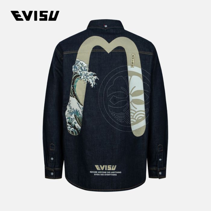 EVISU  SS24男士家花线迹及日式图案大M印花休闲牛仔衬衫 2ESHTM4DL7012RXDNINDX