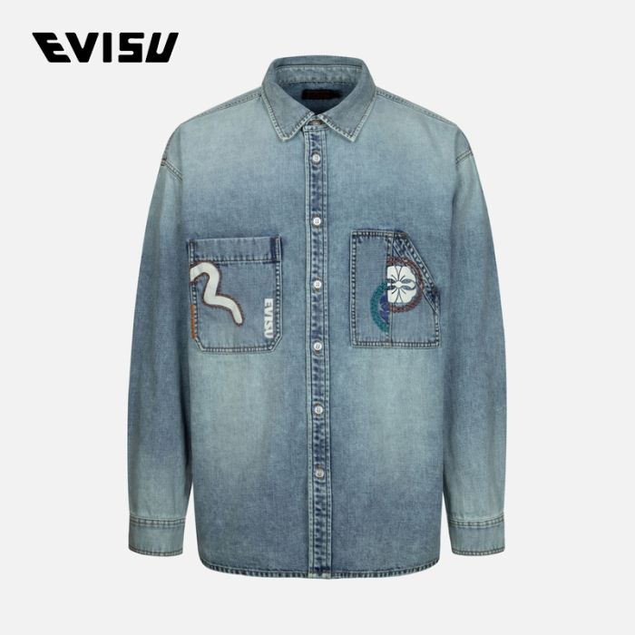 EVISU  24SS男士手工线迹和多重印花宽版牛仔衬衫 2ESHTM4DL8012LFDNINDL