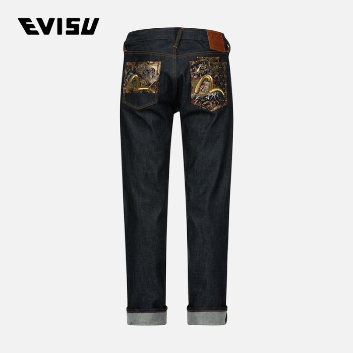 EVISU  SS24男士小海鸥刺绣及织锦拼布窄脚牛仔裤 2ESHTM4JE702217DPINDX