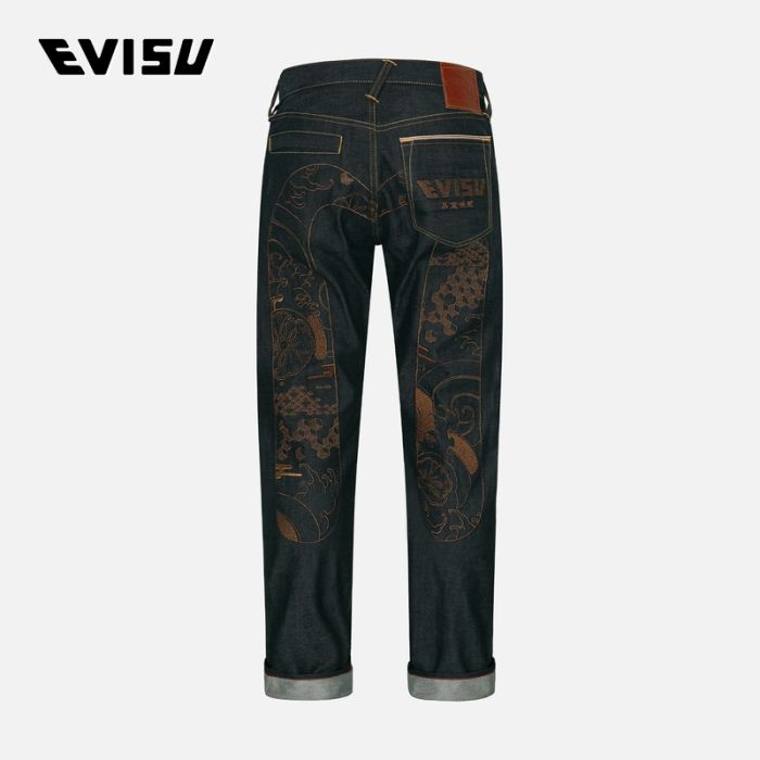 EVISU  24SS男士日式海浪图案大M和商标刺绣窄脚牛仔裤 2ESHTM4JE703417DPINDX