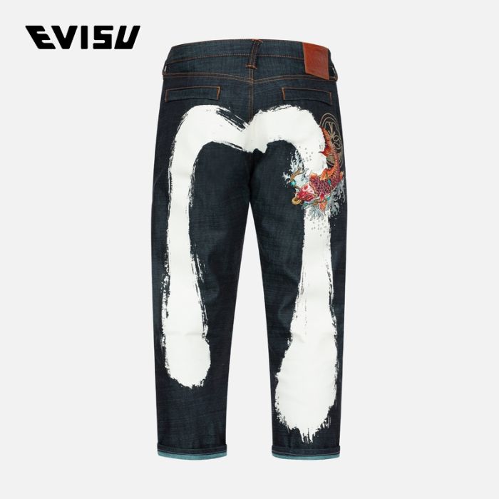 EVISU  24SS男士鲤鱼戏水刺绣和笔刷大M印花七分牛仔裤 2ESHTM4JE703527DNINDX