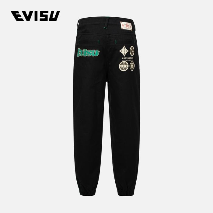 EVISU  24SS男士家花与商标印花时尚版型梭织束口休闲裤 2ESHTM4PO1026FFCTBLKX