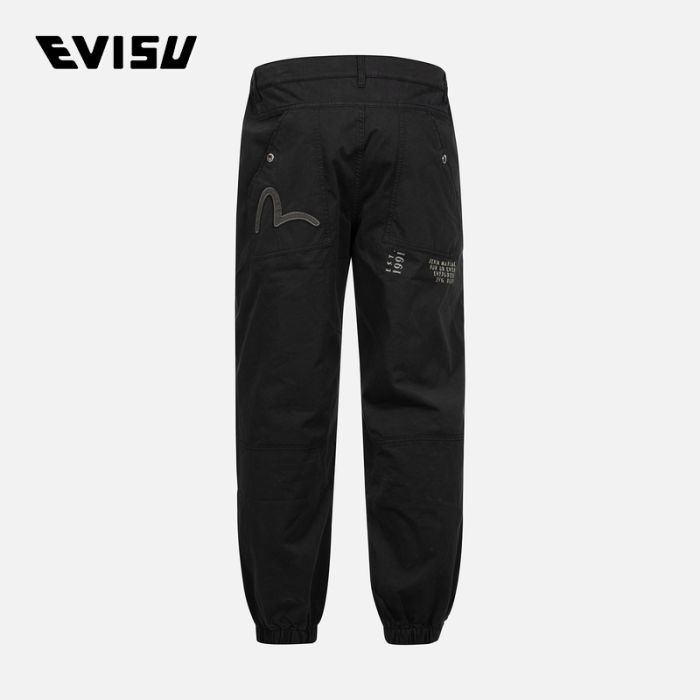 EVISU  24SS男士海鸥贴布刺绣和标语印花宽版工装休闲裤 2ESHTM4PO8033RXCTBLKX