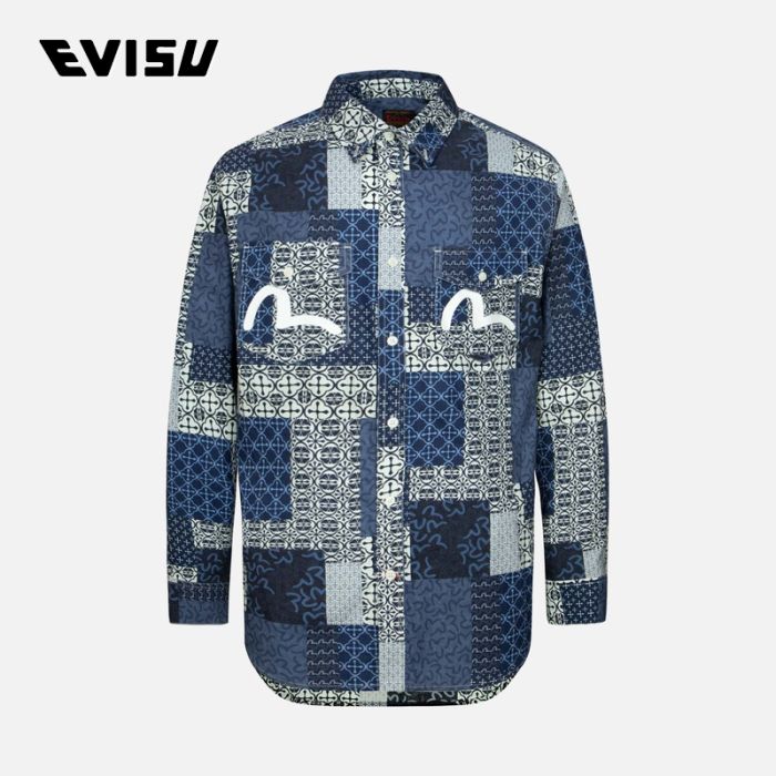 EVISU  24SS男士满地拼贴纹样宽版休闲衬衫 2ESHTM4SL7019RXCTNAVA