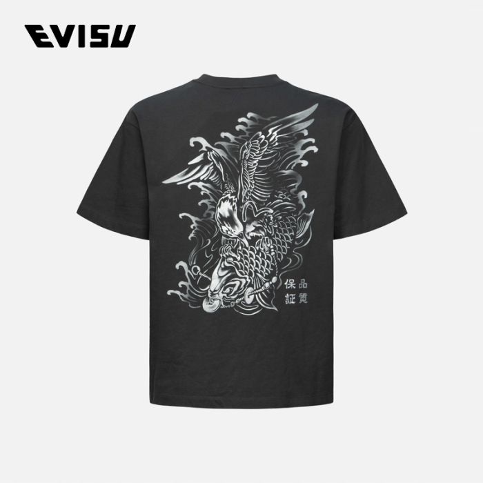 EVISU  24SS男士商标刺绣和"海天羽鲤"印花宽版休闲T恤 2ESHTM4TS7096RXCTGRYD