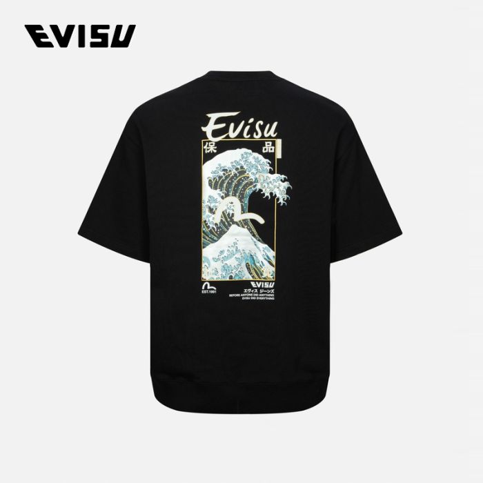 EVISU  24SS男士日式海浪图案和海鸥印花休闲宽版短袖卫衣 2ESHTM4WS7058RXCTBLKX