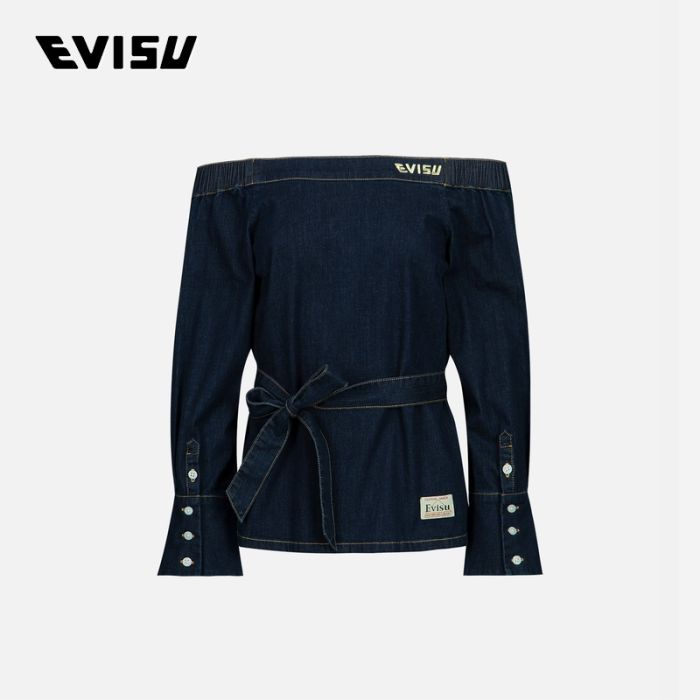 EVISU  23SS女士商标刺绣露肩牛仔上衣 2ESHTW3BL101FFDNINDW